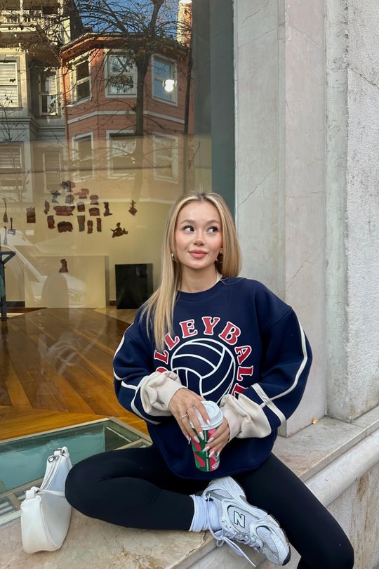 Volley Kol Şerit Sweatshirt Lacivert
