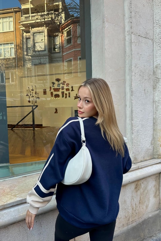 Volley Kol Şerit Sweatshirt Lacivert