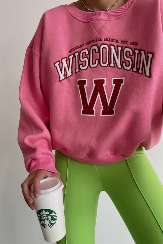 Wisconsin Nakışlı Sweatshirt Pembe
