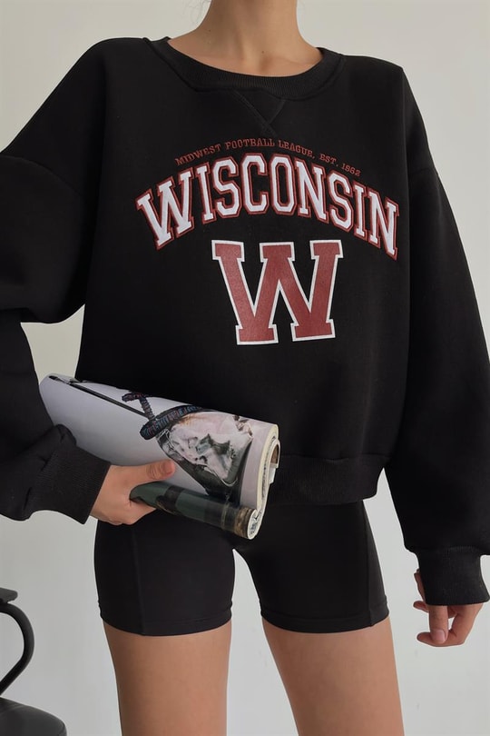 Wisconsin Nakışlı Sweatshirt Siyah