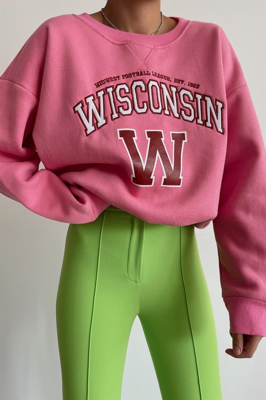 Wisconsin Nakışlı Sweatshirt Pembe