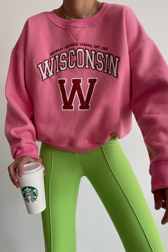 Wisconsin Nakışlı Sweatshirt Pembe