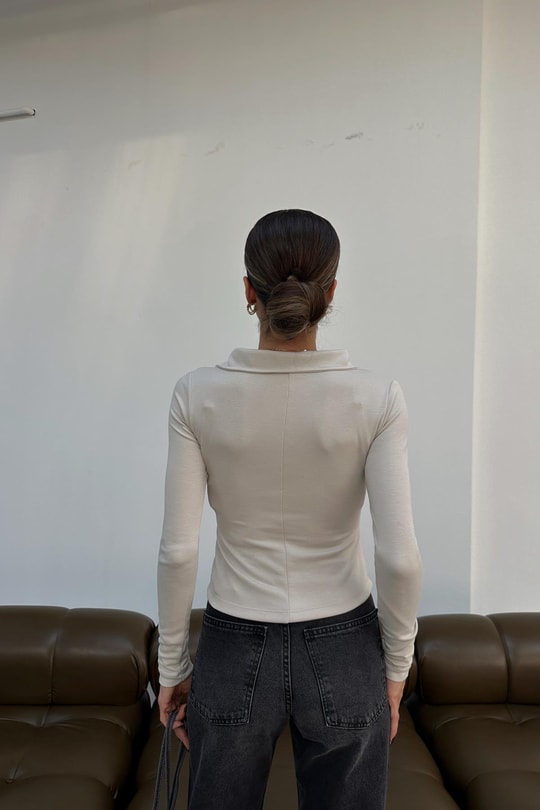 Yakalı Uzun Kol Fermuarlı Sweat Taş