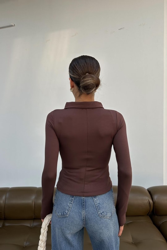 Yakalı Uzun Kol Fermuarlı Sweat Kahve