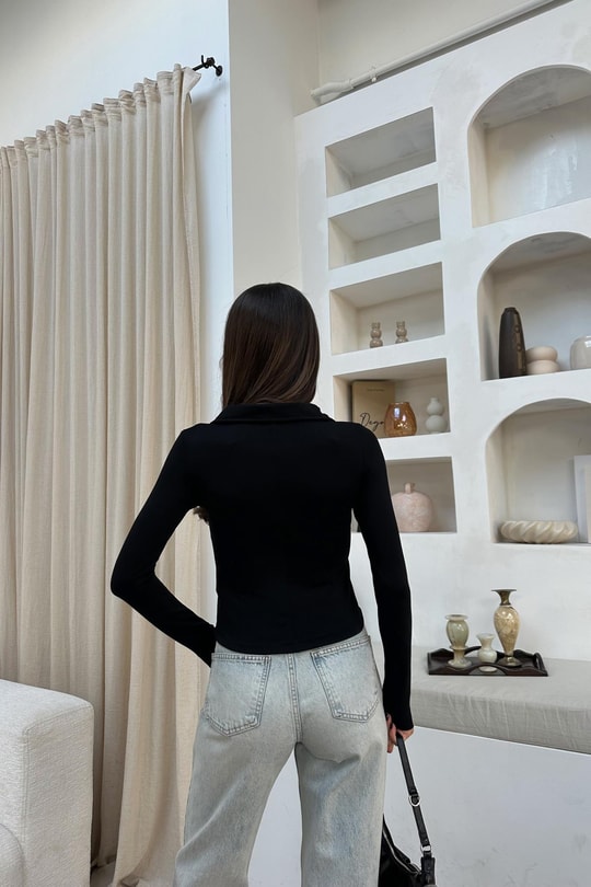 Yakalı Uzun Kol Fermuarlı Sweat Siyah