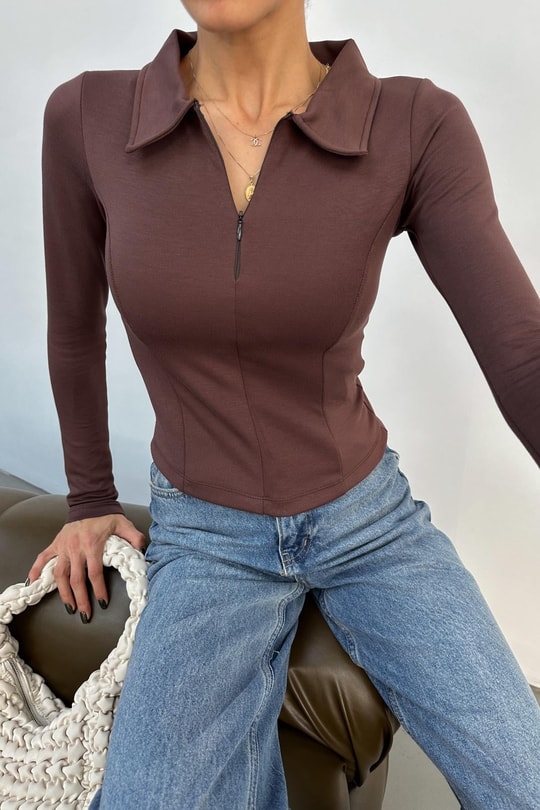 Yakalı Uzun Kol Fermuarlı Sweat Kahve