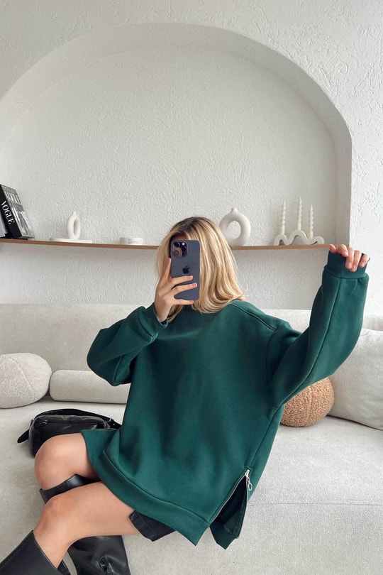Yan Fermuarlı Bisiklet Yaka Sweatshirt Zümrüt Yeşili