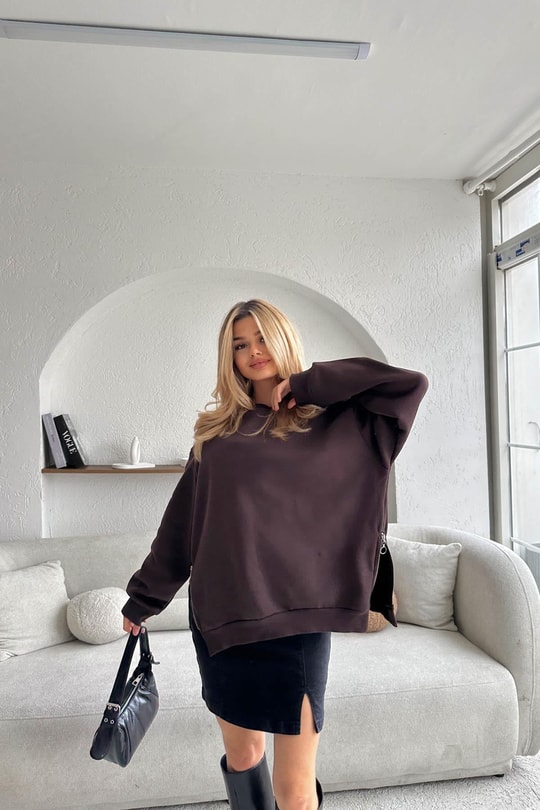 Yan Fermuarlı Bisiklet Yaka Sweatshirt Kahve
