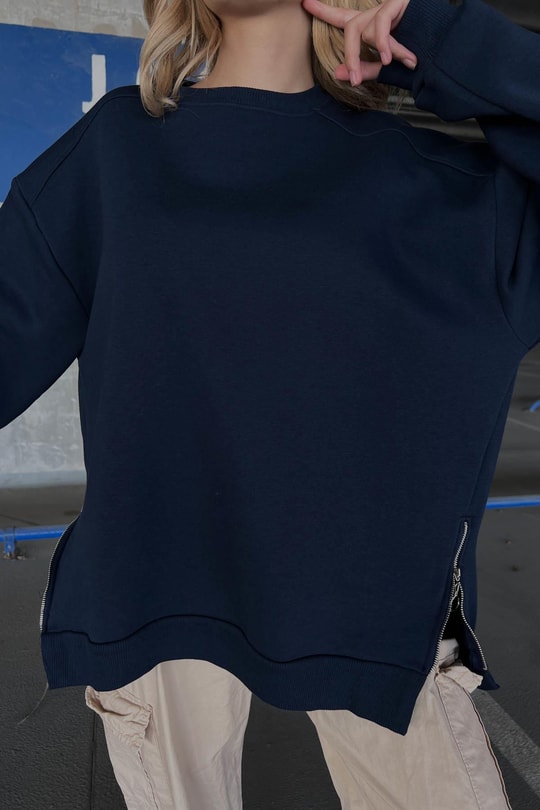 Yan Fermuarlı Bisiklet Yaka Sweatshirt Lacivert