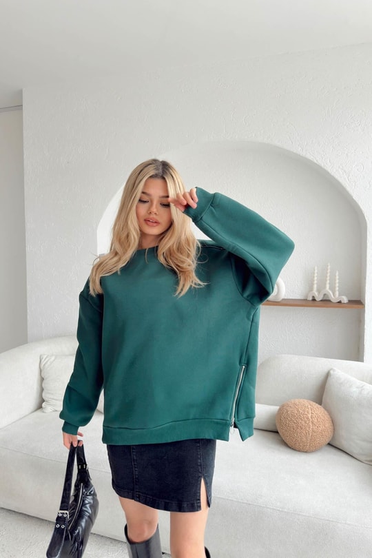 Yan Fermuarlı Bisiklet Yaka Sweatshirt Zümrüt Yeşili