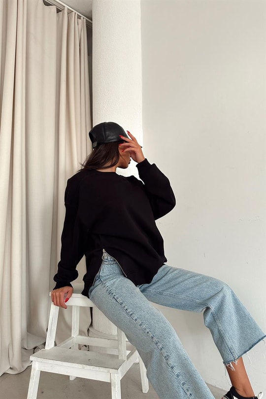 Yan Fermuarlı Bisiklet Yaka Sweatshirt Siyah