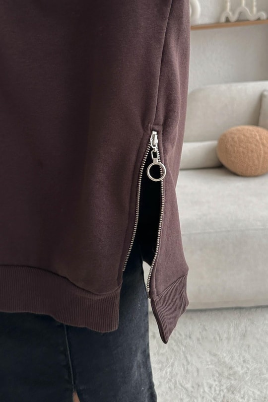 Yan Fermuarlı Bisiklet Yaka Sweatshirt Kahve