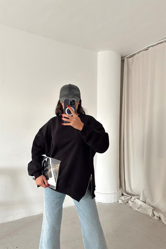 Yan Fermuarlı Bisiklet Yaka Sweatshirt Siyah