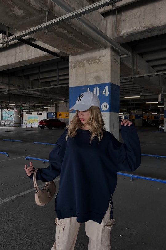 Yan Fermuarlı Bisiklet Yaka Sweatshirt Lacivert