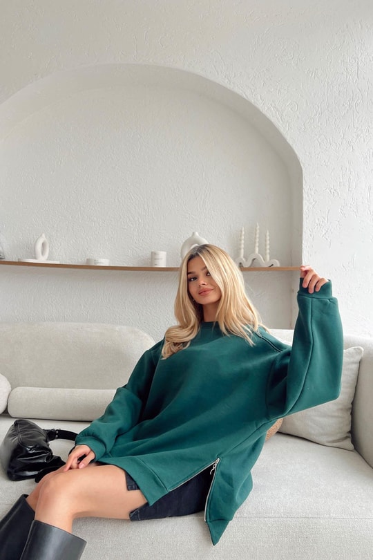 Yan Fermuarlı Bisiklet Yaka Sweatshirt Zümrüt Yeşili