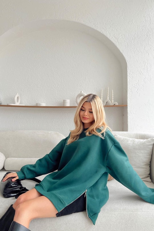Yan Fermuarlı Bisiklet Yaka Sweatshirt Zümrüt Yeşili