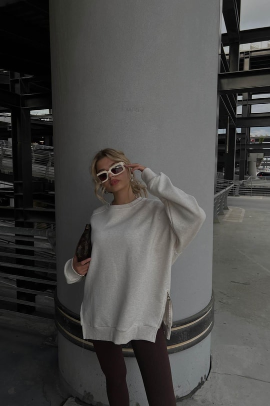 Yan Fermuarlı Bisiklet Yaka Sweatshirt Bej Melanj