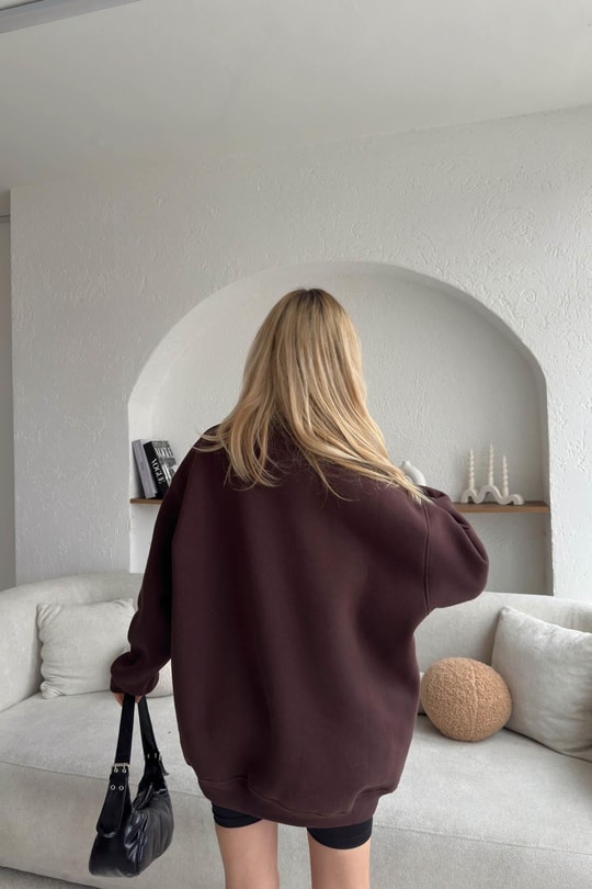 Yan Fermuarlı Bisiklet Yaka Sweatshirt Kahve