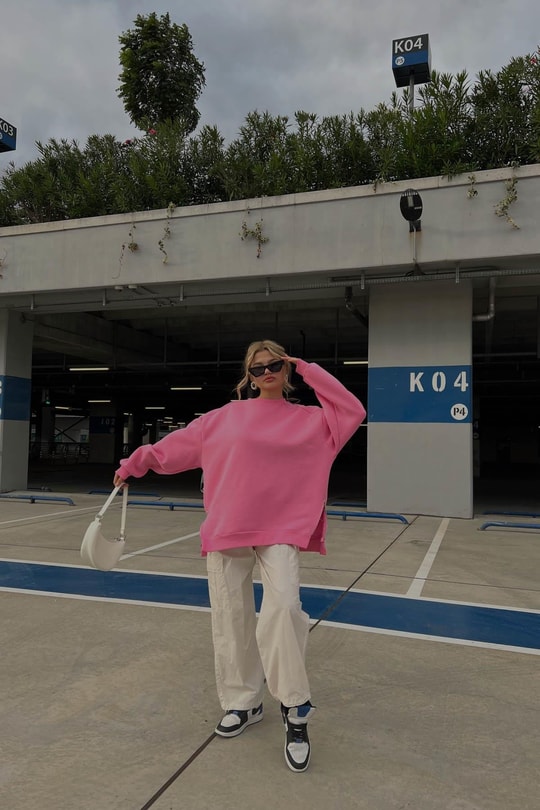 Yan Fermuarlı Bisiklet Yaka Sweatshirt Şeker Pembe