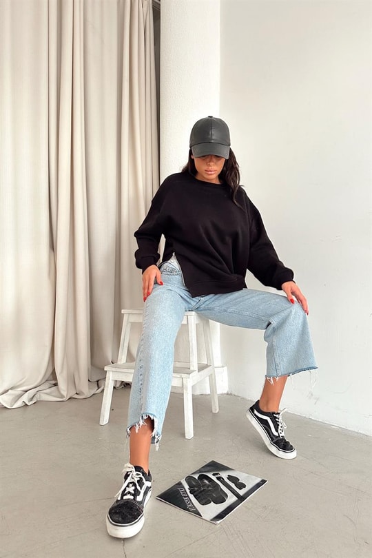Yan Fermuarlı Bisiklet Yaka Sweatshirt Siyah