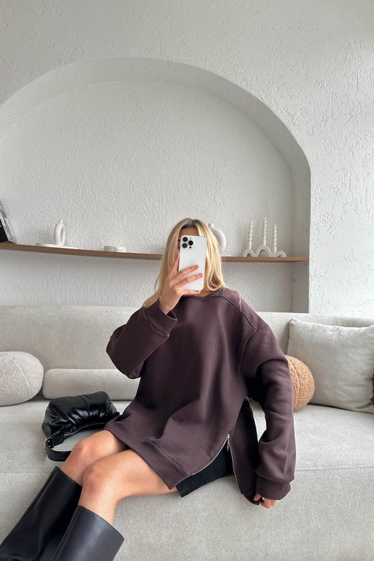 Yan Fermuarlı Bisiklet Yaka Sweatshirt Kahve