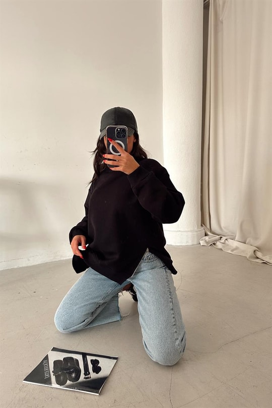 Yan Fermuarlı Bisiklet Yaka Sweatshirt Siyah