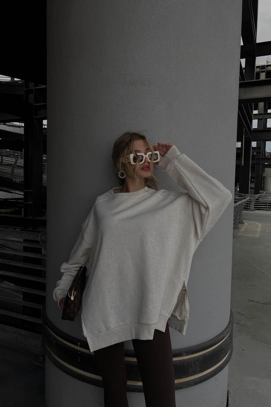 Yan Fermuarlı Bisiklet Yaka Sweatshirt Bej Melanj