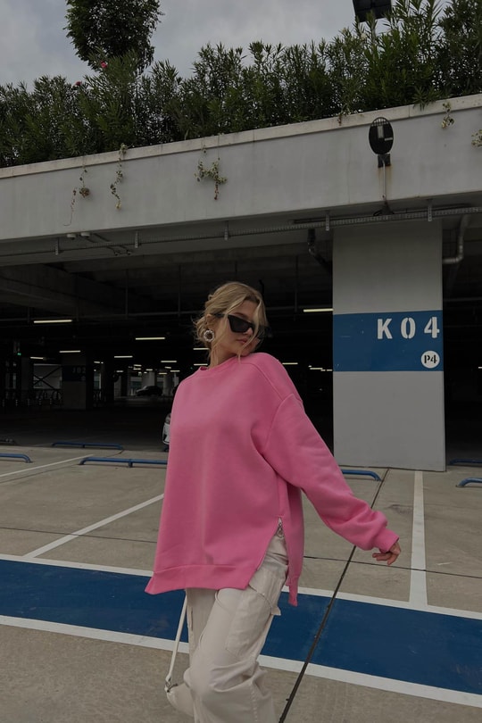 Yan Fermuarlı Bisiklet Yaka Sweatshirt Şeker Pembe