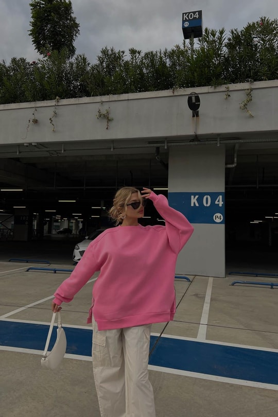 Yan Fermuarlı Bisiklet Yaka Sweatshirt Şeker Pembe