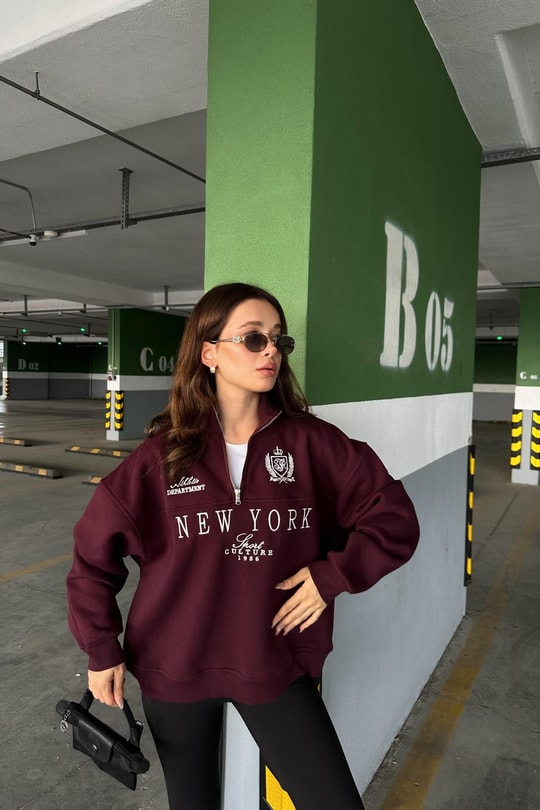 Yarım Fermuarlı NY Sweat Bordo