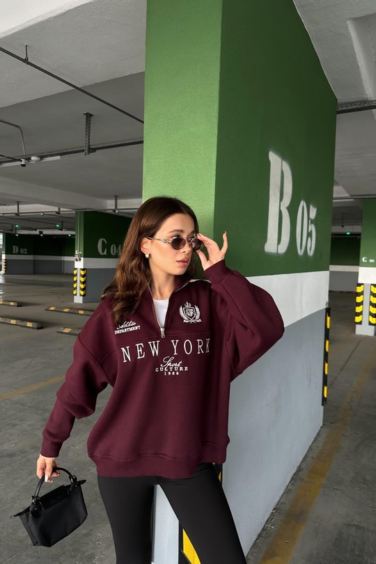 Yarım Fermuarlı NY Sweat Bordo