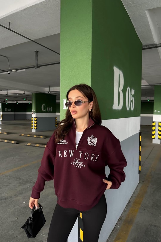 Yarım Fermuarlı NY Sweat Bordo