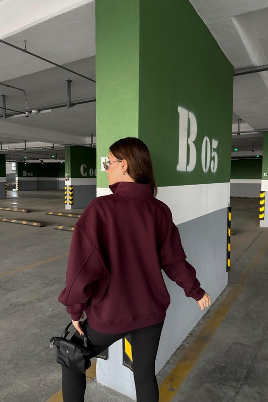 Yarım Fermuarlı NY Sweat Bordo