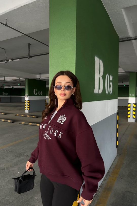 Yarım Fermuarlı NY Sweat Bordo