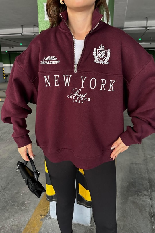 Yarım Fermuarlı NY Sweat Bordo