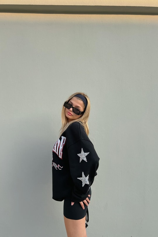 Yıldız İşlemeli Sweatshirt Siyah