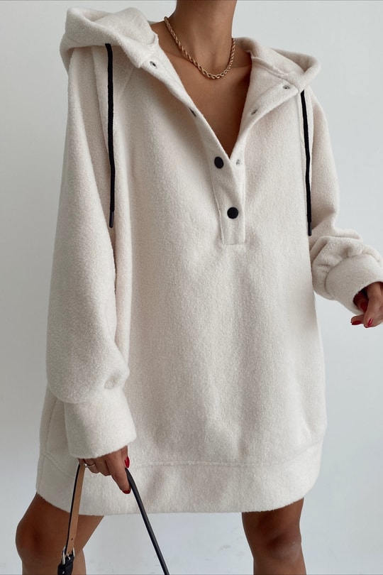 Yumoş Kapüşonlu Düğme Detay Sweatshirt Krem