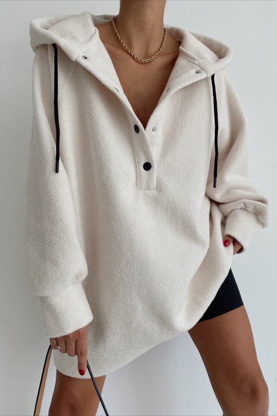Yumoş Kapüşonlu Düğme Detay Sweatshirt Krem