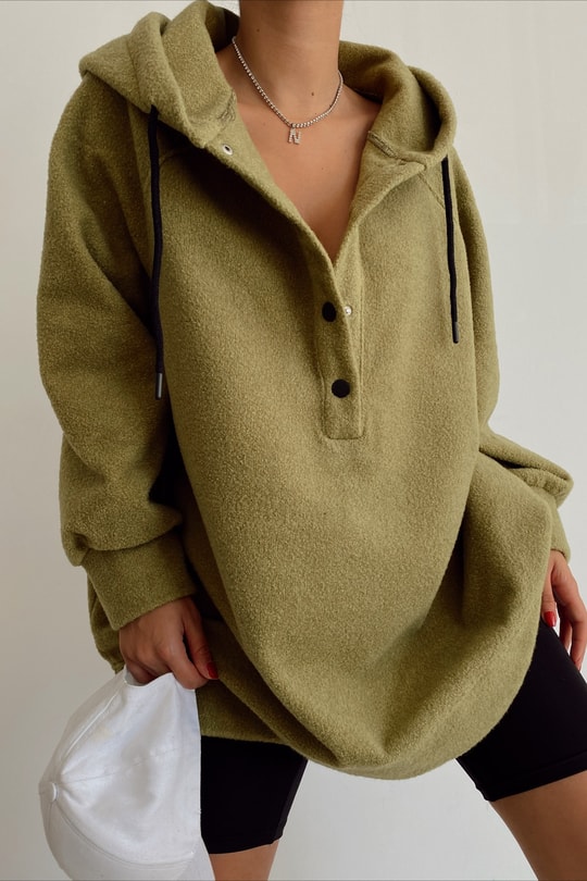 Yumoş Kapüşonlu Düğme Detay Sweatshirt Fıstık Yeşili