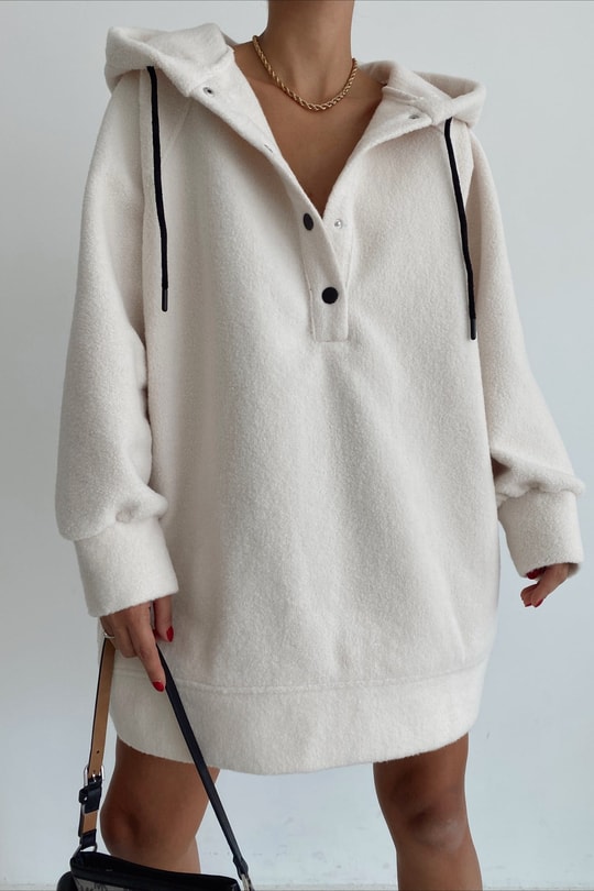 Yumoş Kapüşonlu Düğme Detay Sweatshirt Krem