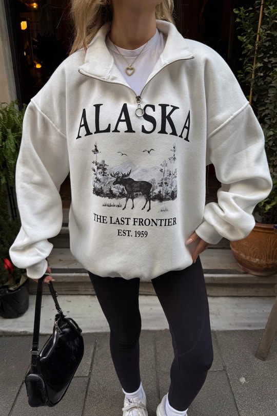 Zip Detay Alaska Baskı Sweat Beyaz