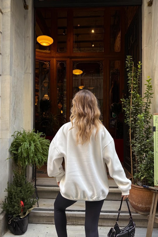 Zip Detay Alaska Baskı Sweat Beyaz
