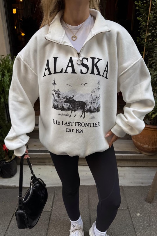 Zip Detay Alaska Baskı Sweat Beyaz