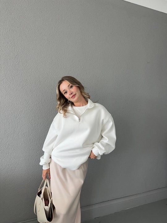 Zip Detay Basic  Sweat Beyaz