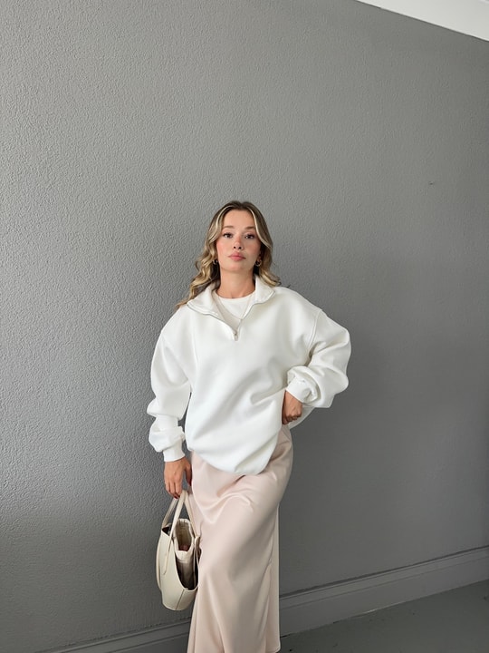 Zip Detay Basic  Sweat Beyaz