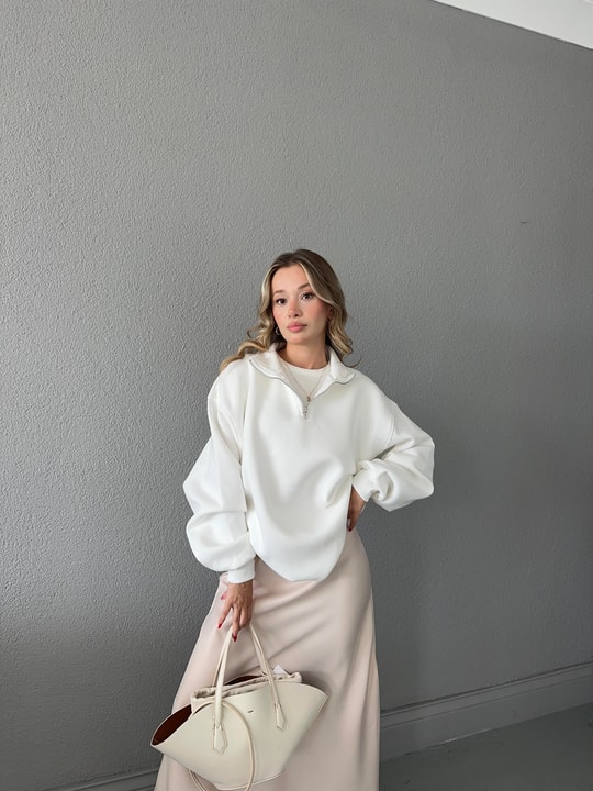 Zip Detay Basic  Sweat Beyaz