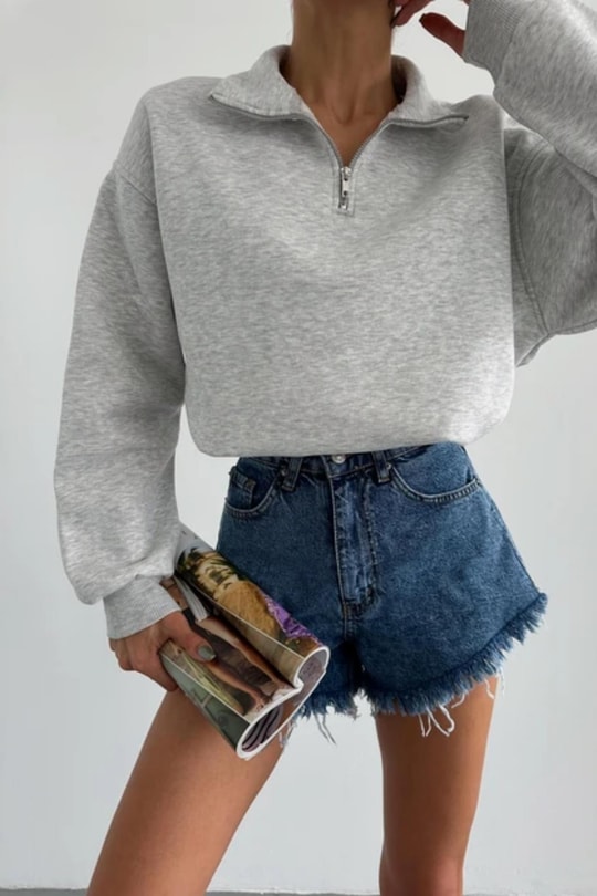 Zip Detay Basic  Sweat Gri