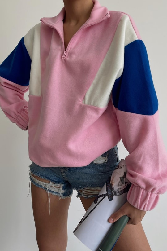 Zip Detay Colorful Polar Sweatshirt Pembe