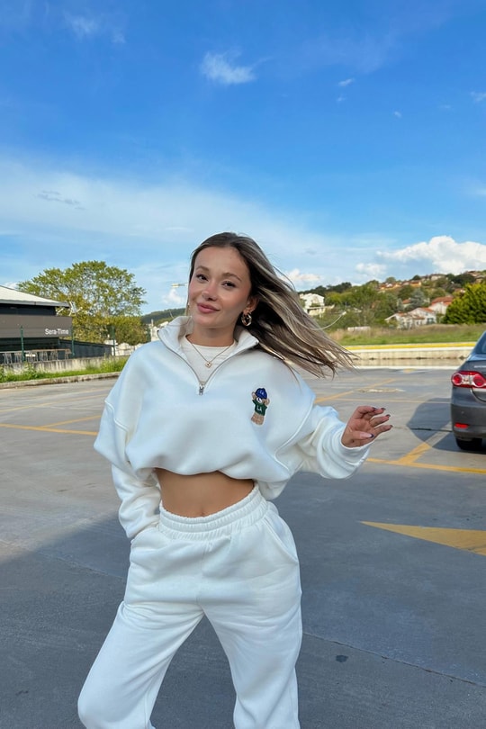 Zip Detay Teddy LA Sweat Beyaz