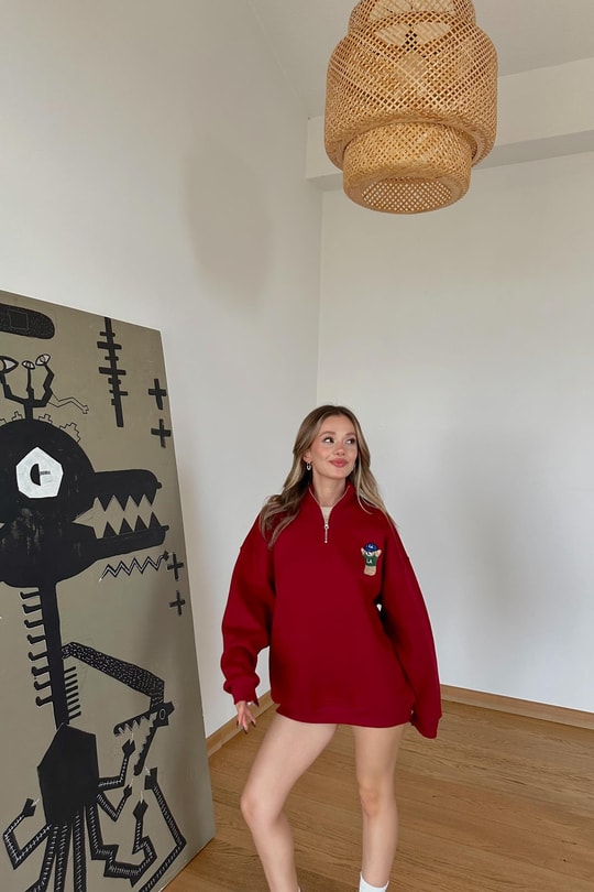 Zip Detay Teddy LA Sweat Bordo